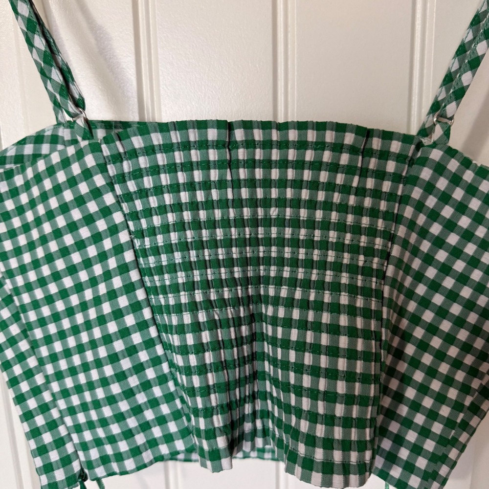 Zara Green White Gingham Smocked Crop Top Camisole Square Neck Spaghetti Strap M - Picture 6 of 8